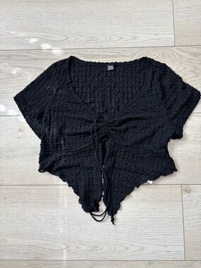 Drawstring Cropped Black Knit Top